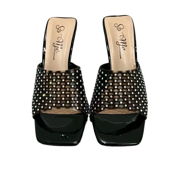 So me rhinestone black netted mule heels with clear chunky block heel sz 7 NWT - Picture 3 of 9